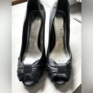White House Black Market black satin open toe heels. Size 8